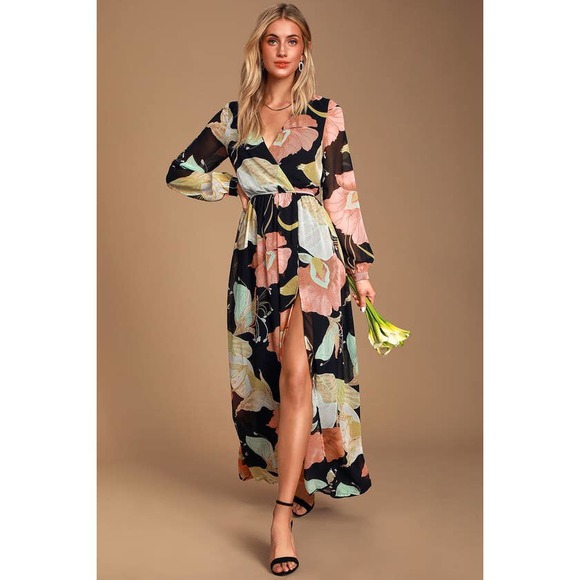 Lulus Wrap Maxi Dress XS Black Floral Print Wondrous Water Lilies Long Sleeve - Picture 2 of 12